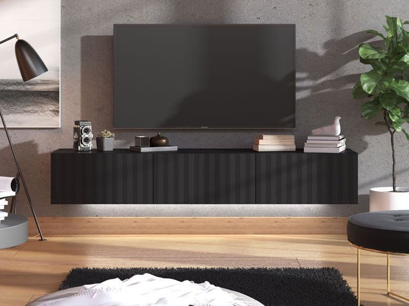 Como Black Slat Effect Wall Mounted Floating Wide Large TV Entertainment Unit - 11014662
