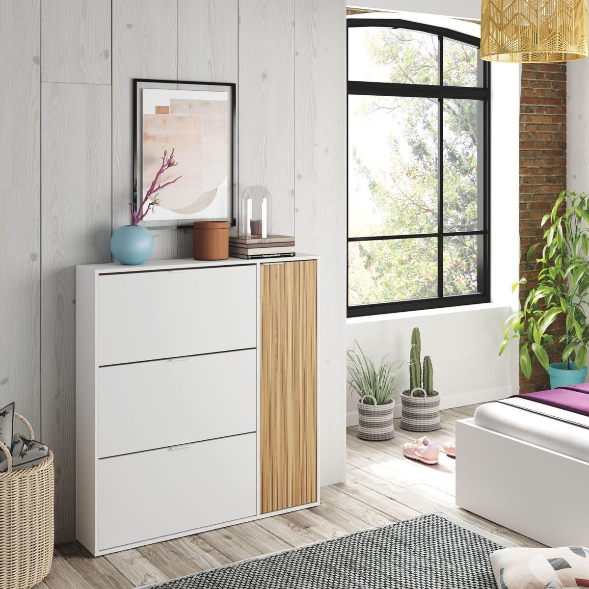Dempsey Natural Oak Effect and White Large Shoe Cabinet - 3240