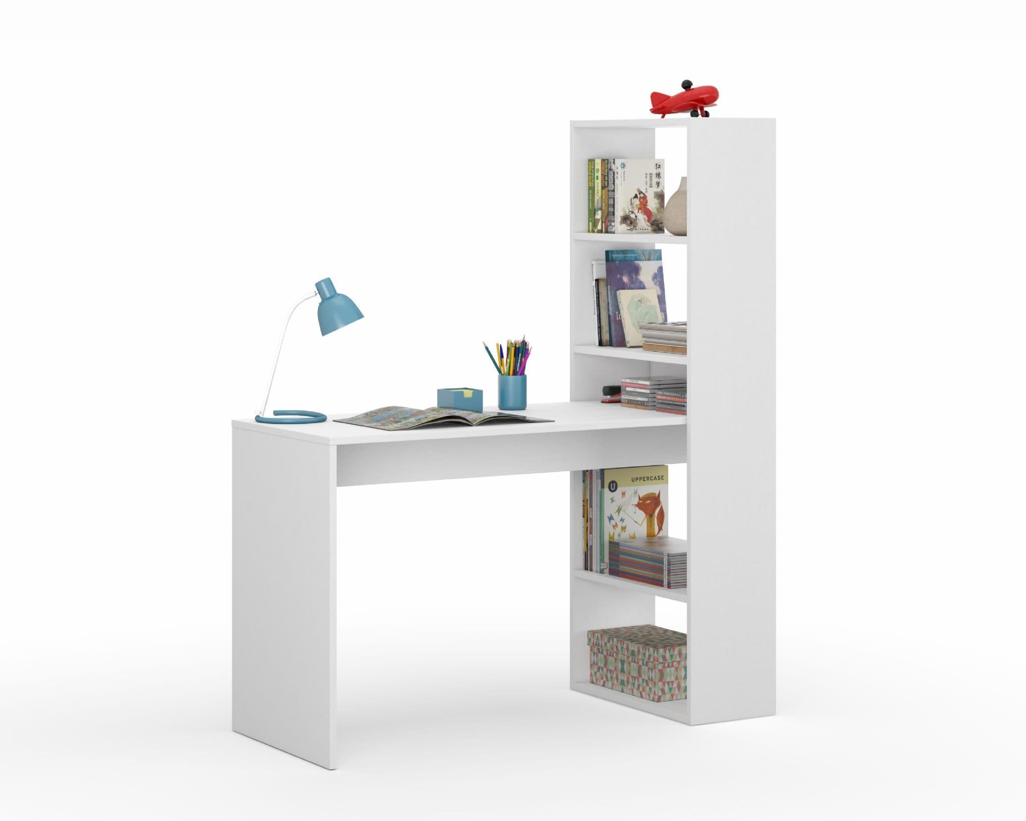Double Matt White Computer Desk Table with Bookcase - 2564