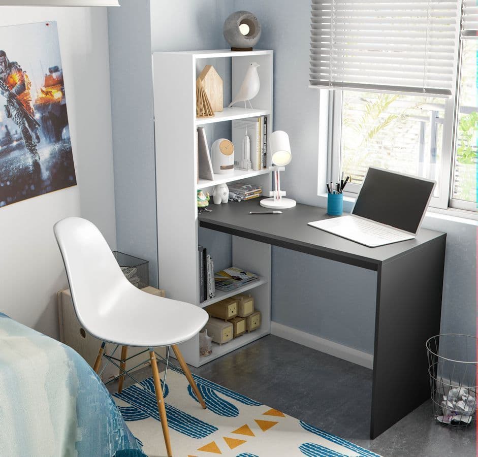 Double White and Grey Effect Computer Desk Table with Bookcase - 3220