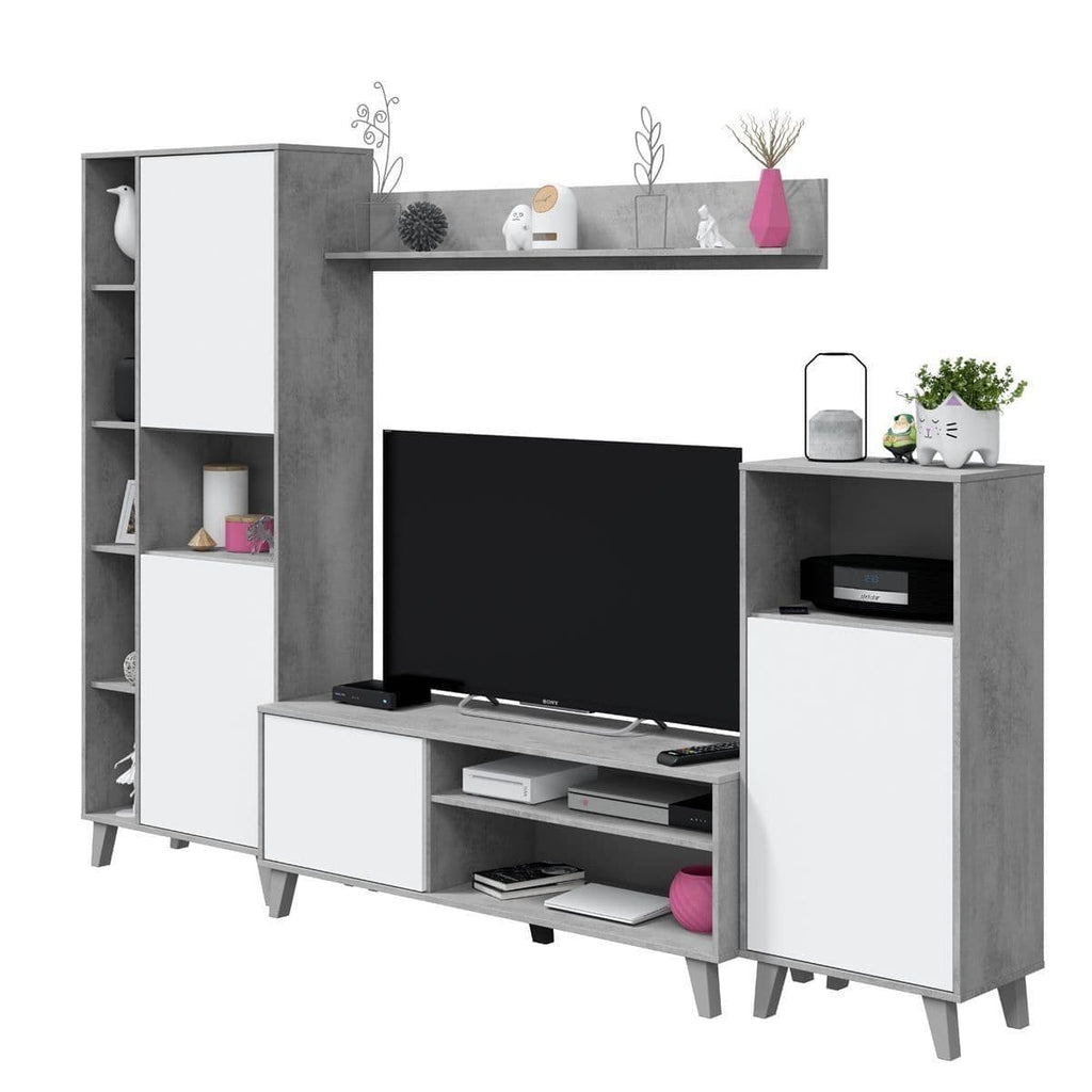 Eriksen White And Concrete Grey Effect Large TV Entertainment Wall Unit Cabinet - 3218
