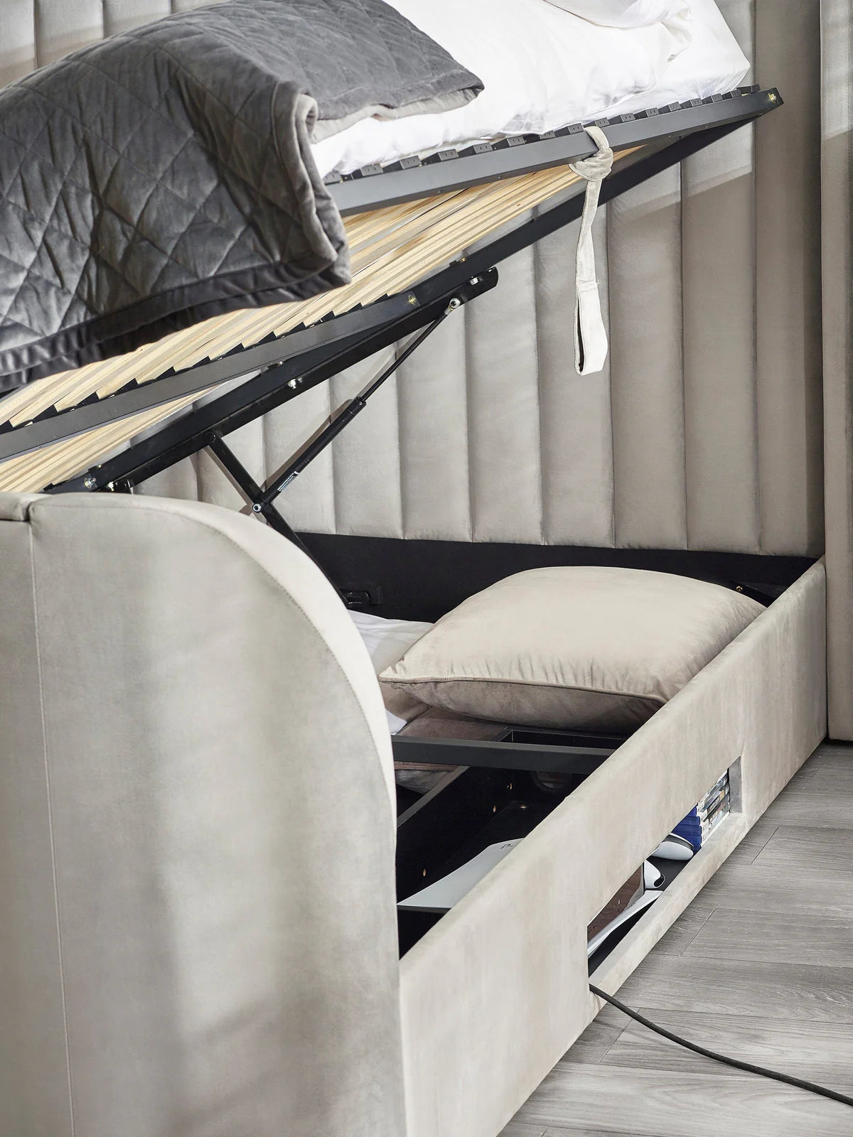 Gray upholstered TV bed Iconic abode