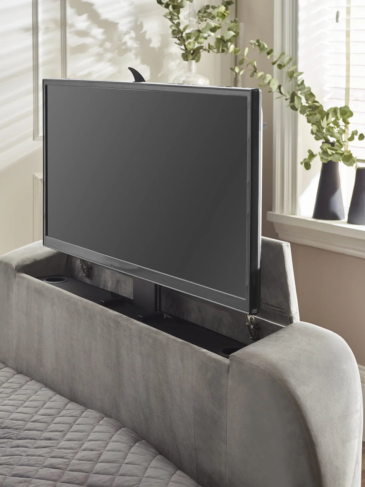 Gray upholstered TV bed Iconic abode