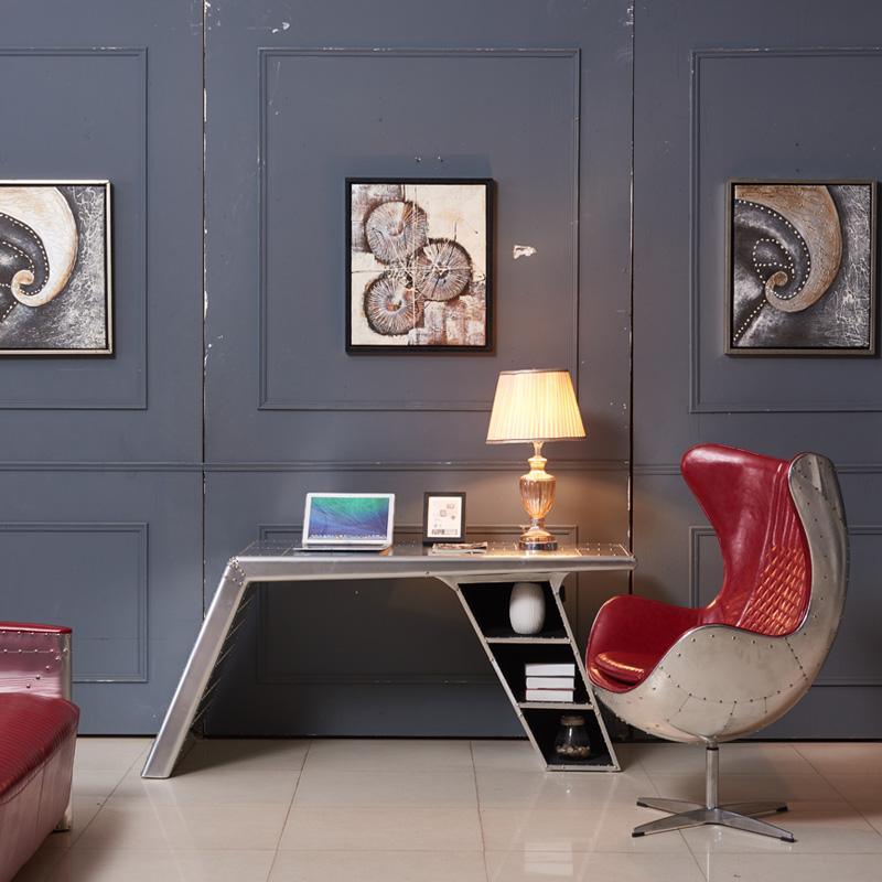 Timothy Oulton Aviator Aviation Desk, Office Desk, Aluminium, side view of gray office desk chair