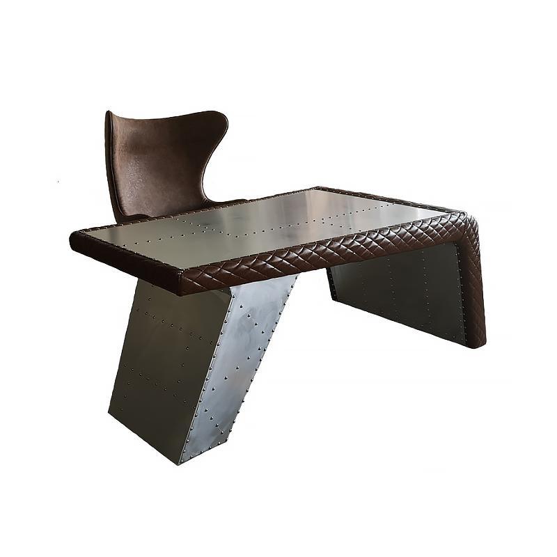 Detail view of Timothy Oulton Aviator Aviation Desk, Office Desk, Aluminium with heavy duty office desk chair
