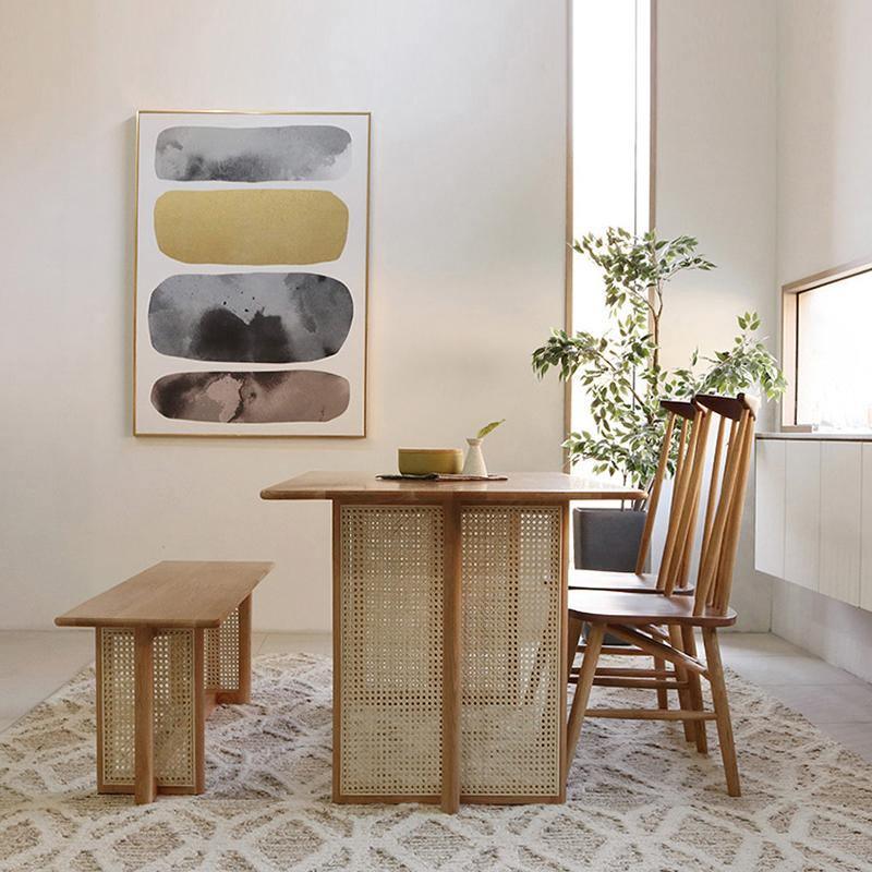 Detail view of Gavril Rattan Dining Table, Oak, Rectangle with corner dining room table