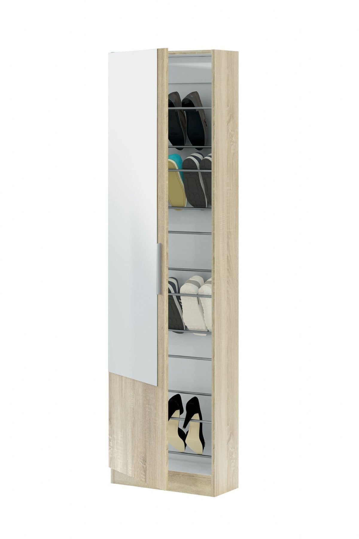 Giovanni Oak Effect Tall Shoe Cabinet 1 Mirrored Door 14-16 Pairs - 3237