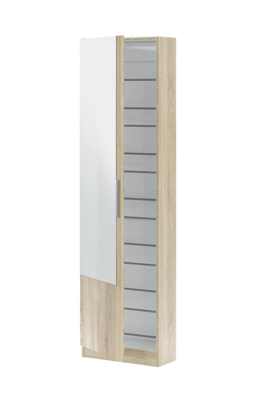 Giovanni Oak Effect Tall Shoe Cabinet 1 Mirrored Door 14-16 Pairs - 3237