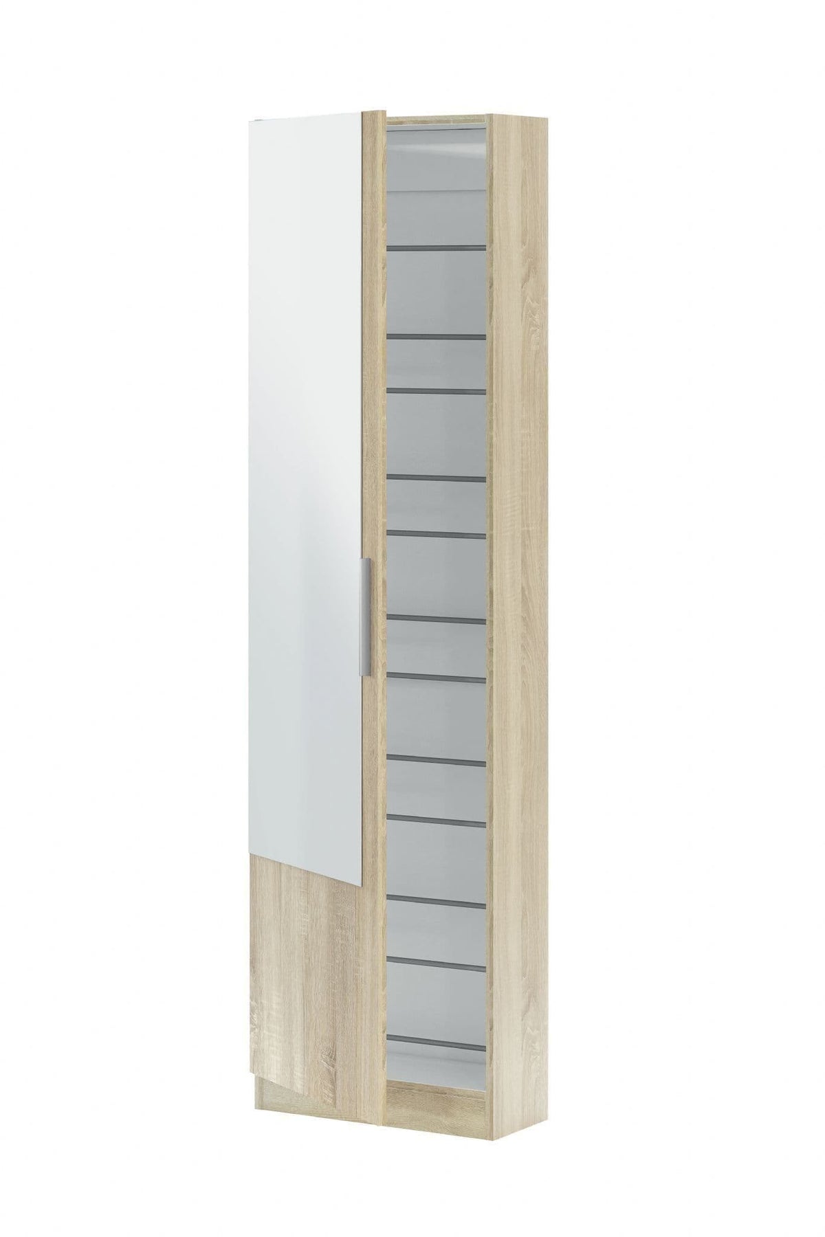Giovanni Oak Effect Tall Shoe Cabinet 1 Mirrored Door 14-16 Pairs - 3237