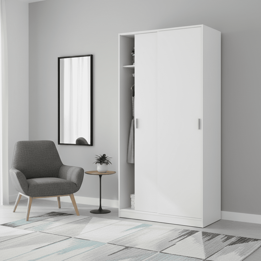 Hansen White Small Narrow Sliding 2 Door Wardrobe - 3207