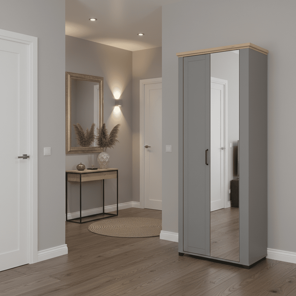 Havertz Grey And Artisan Oak Slim Narrow Shallow Depth Mirrored Wardrobe - 11011371