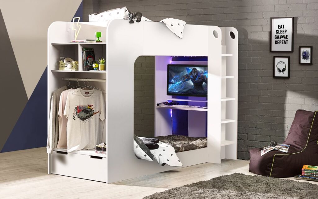 White bunk bed with desk and entertainment area Iconic Abode