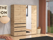 Kyoto Artisan Oak Effect 4 Door 3 Drawer Mirrored Wardrobe - 11014097