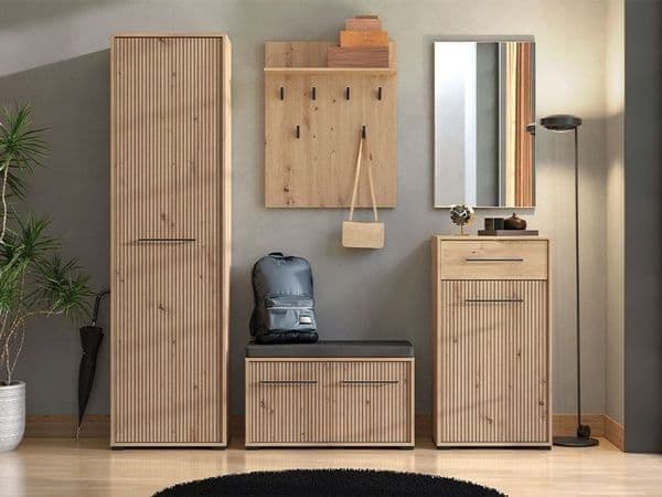 Lazlo Slatted Artisan Oak Effect Slim Wardrobe - 11013431