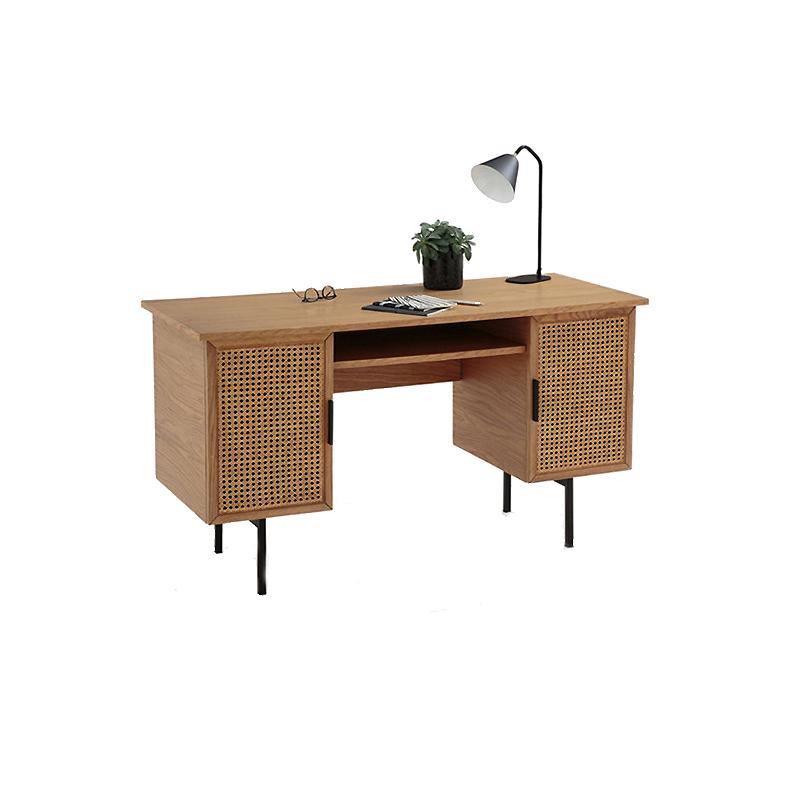 Lindy Rattan Office Desk, Oak, side view of green office desk chair