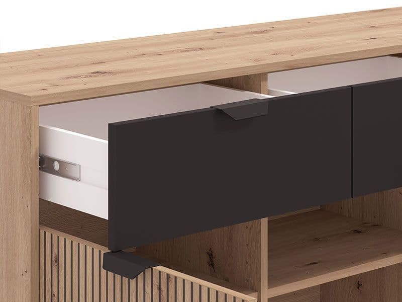Martinique Artisan Oak Effect Slatted And Black 3 Door Sideboard - 11013359