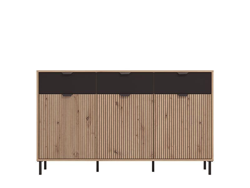 Martinique Artisan Oak Effect Slatted And Black 3 Door Sideboard - 11013359