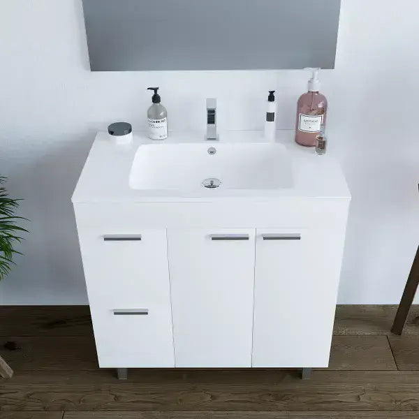 Milano White Gloss 2 Door 2 Drawer Bathroom Vanity Cabinet with Sink And Mirror - 305450BO
