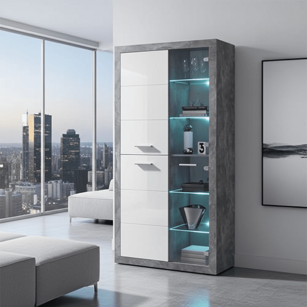 Pietra Tall Display Cabinet in Grey and White Gloss - 2703
