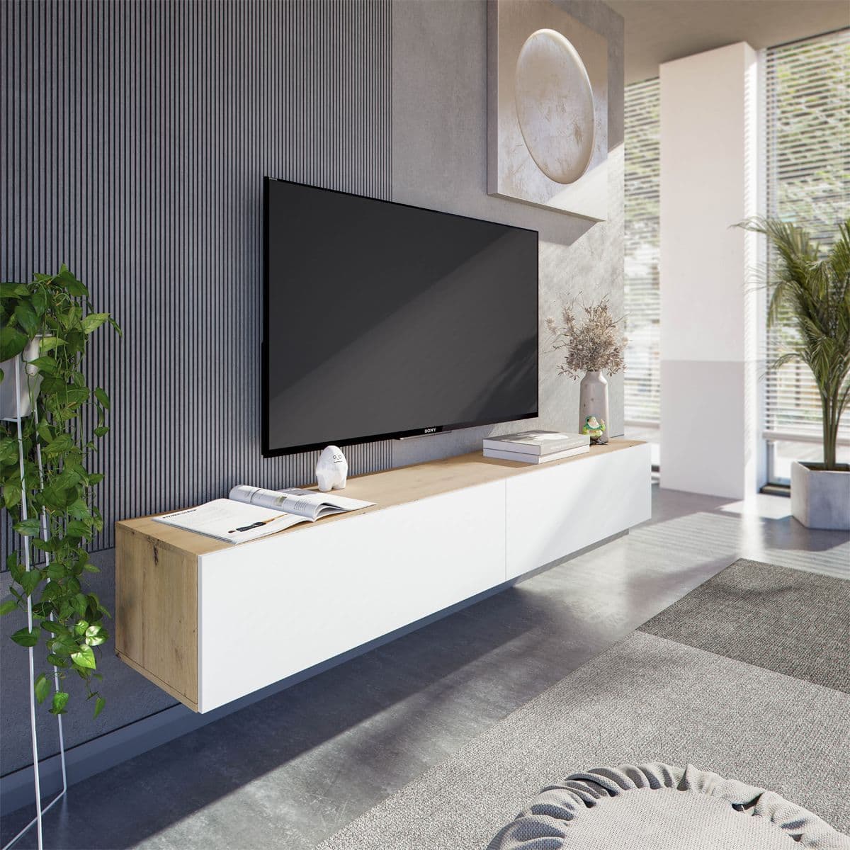Reyes Nordic Oak Effect And White Wall Mounted Floating Wide Large TV Unit - 3255
