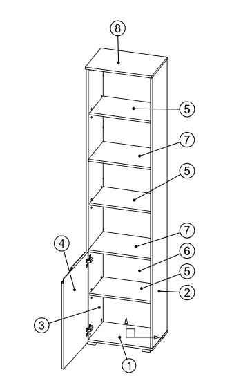 Santino Tall Narrow Bookcase with White Gloss Door S12 - 2620