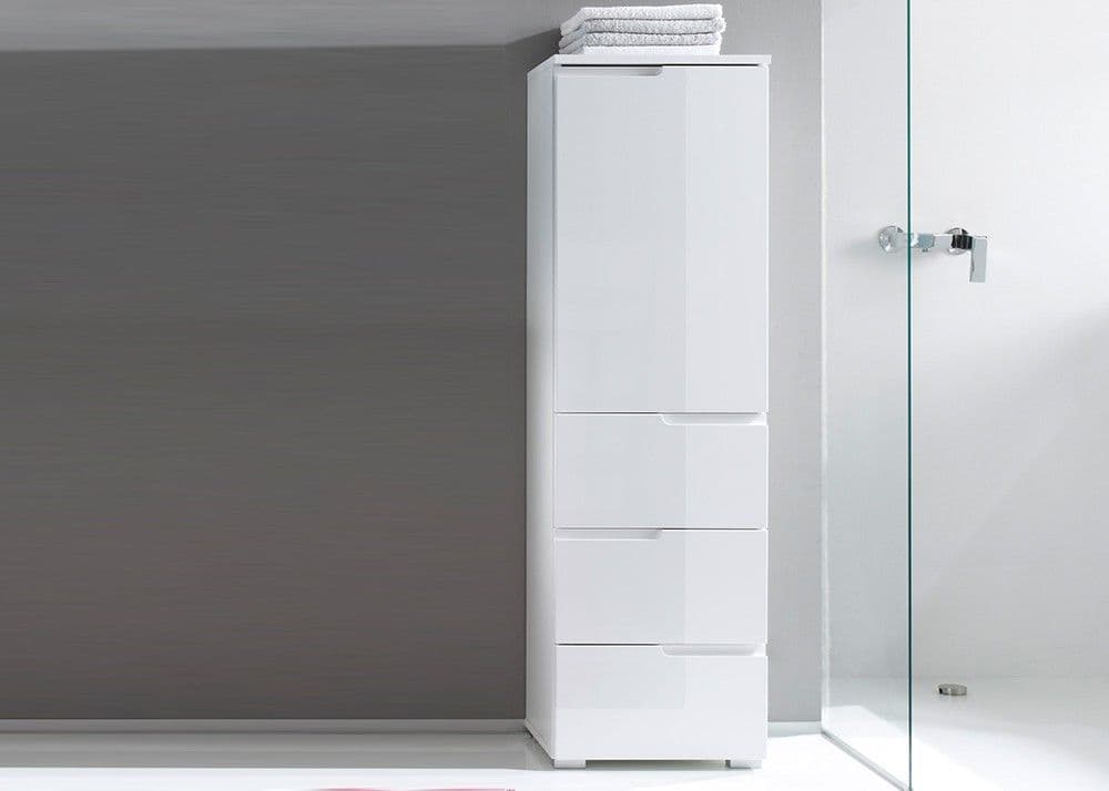 Santino White Gloss Slim Tallboy Storage Unit with Cupboard and Drawers S11 - 2642