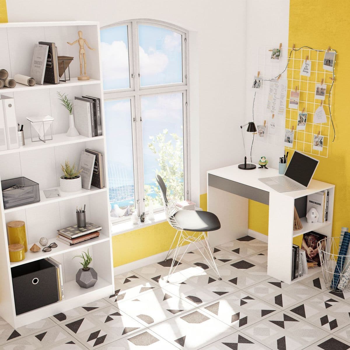 Sesko Grey and White Desk with Drawer and Shelves - 3131