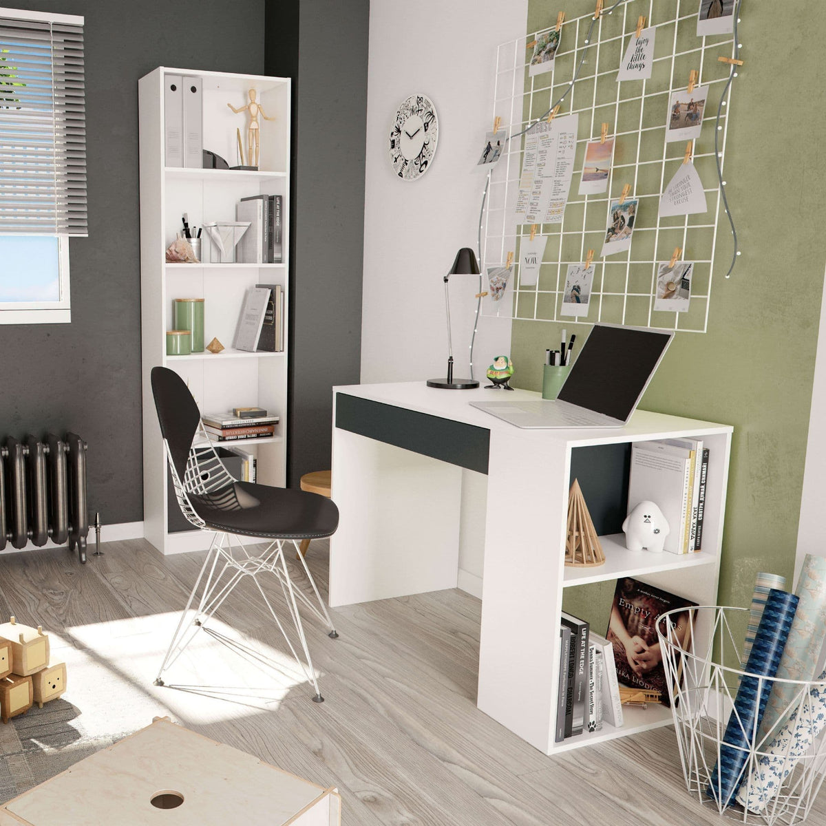 Sesko Grey and White Desk with Drawer and Shelves - 3131