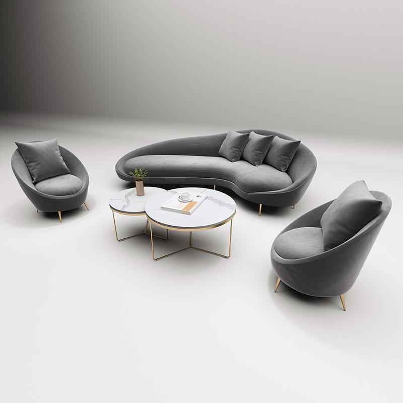 Detail view of Slender Modern Curved Two Seater, Three Seater Sofa, Velvet with curved corner sofa