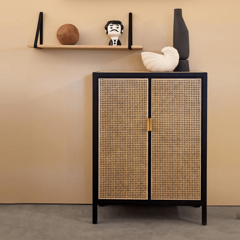 T3 Rattan Sideboard, Hallway Storage, Shoe Storage in a lifestyle setting with black small sideboard