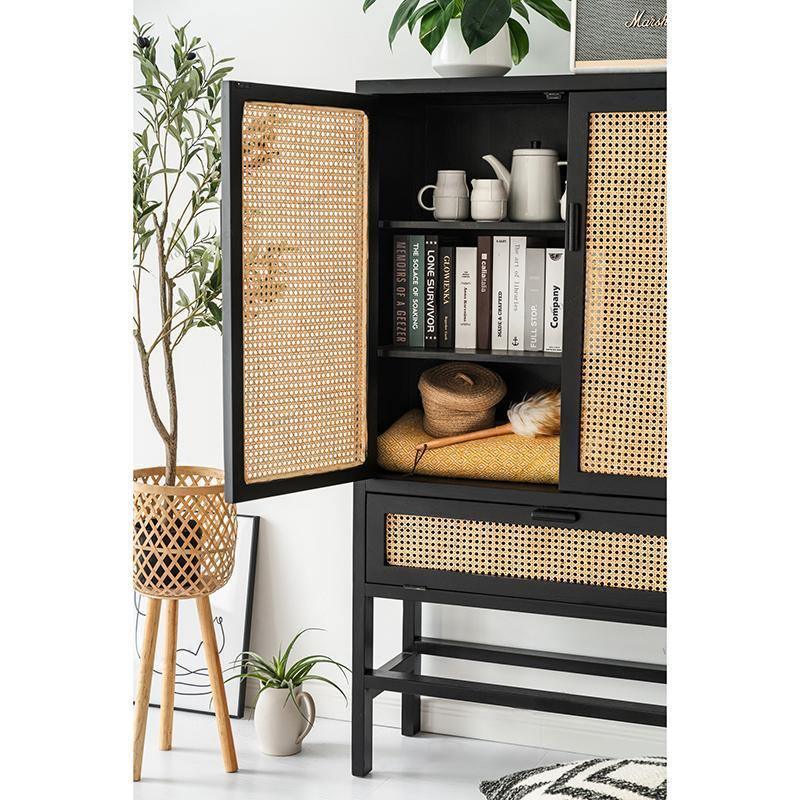 Detail view of Uno G9 Rattan Sideboard, Bookcase, Wardrobe with dark gray sideboard