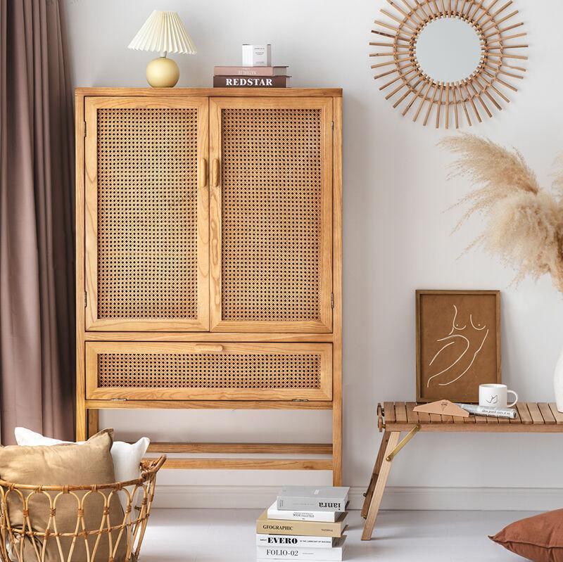Uno G9 Rattan Sideboard, Bookcase, Wardrobe in a lifestyle setting with dark grey sideboards