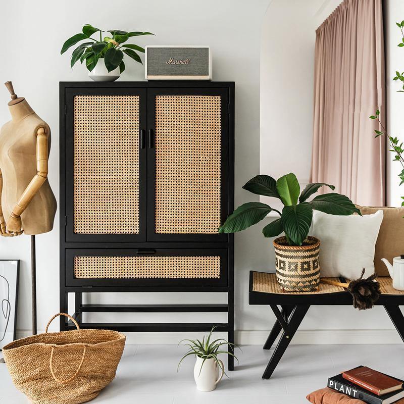 Uno G9 Rattan Sideboard, Bookcase, Wardrobe - cream and oak sideboard