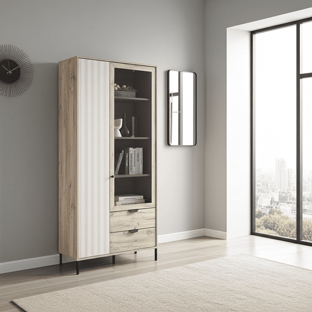 Vivea Grey Oak Effect And Cashmere Slatted 2 Door Display Cabinet - 11013569