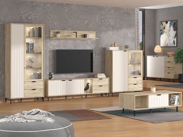 Vivea Grey Oak Effect And Cashmere Slatted 2 Door Display Cabinet - 11013569