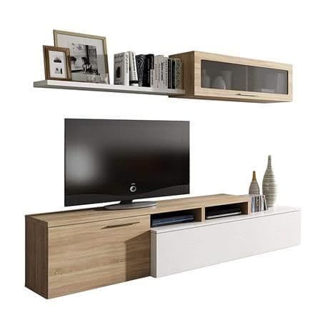 Warrington White Gloss And Oak Effect Reversible L-Shaped TV Entertainment Wall Unit Cabinet - 3296
