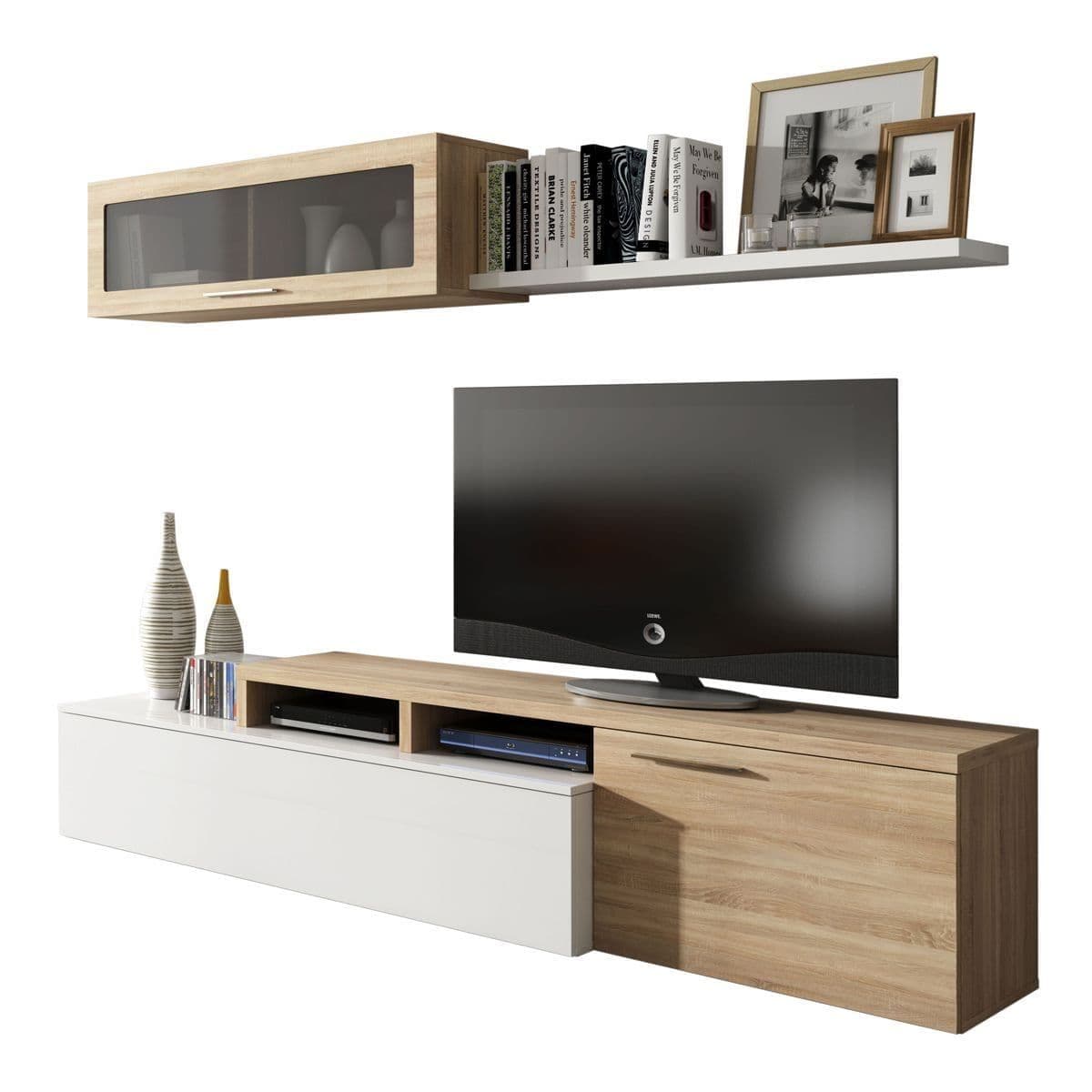 Warrington White Gloss And Oak Effect Reversible L-Shaped TV Entertainment Wall Unit Cabinet - 3296
