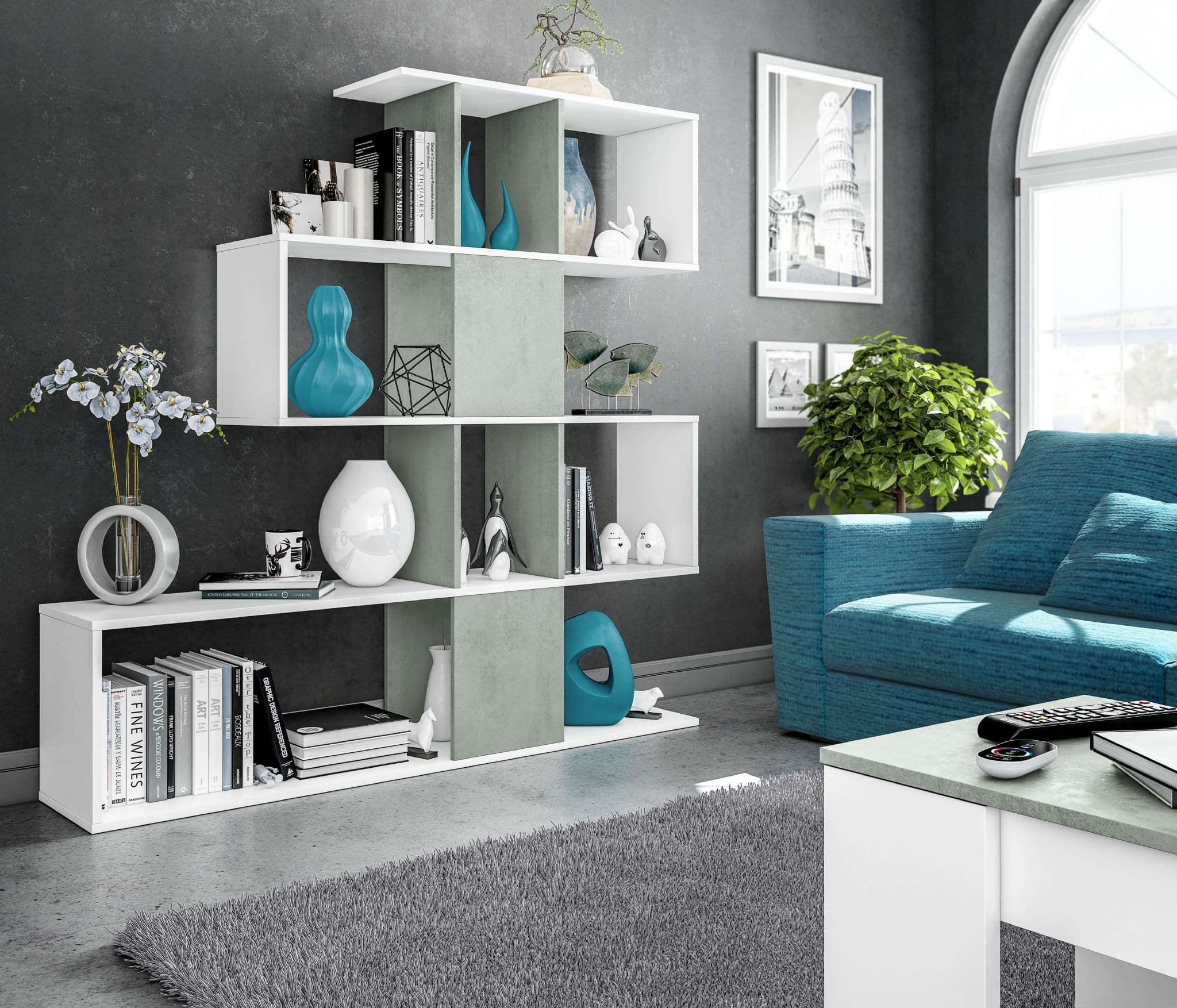 Zaga Artic White and Concrete Grey Bookcase - 2932