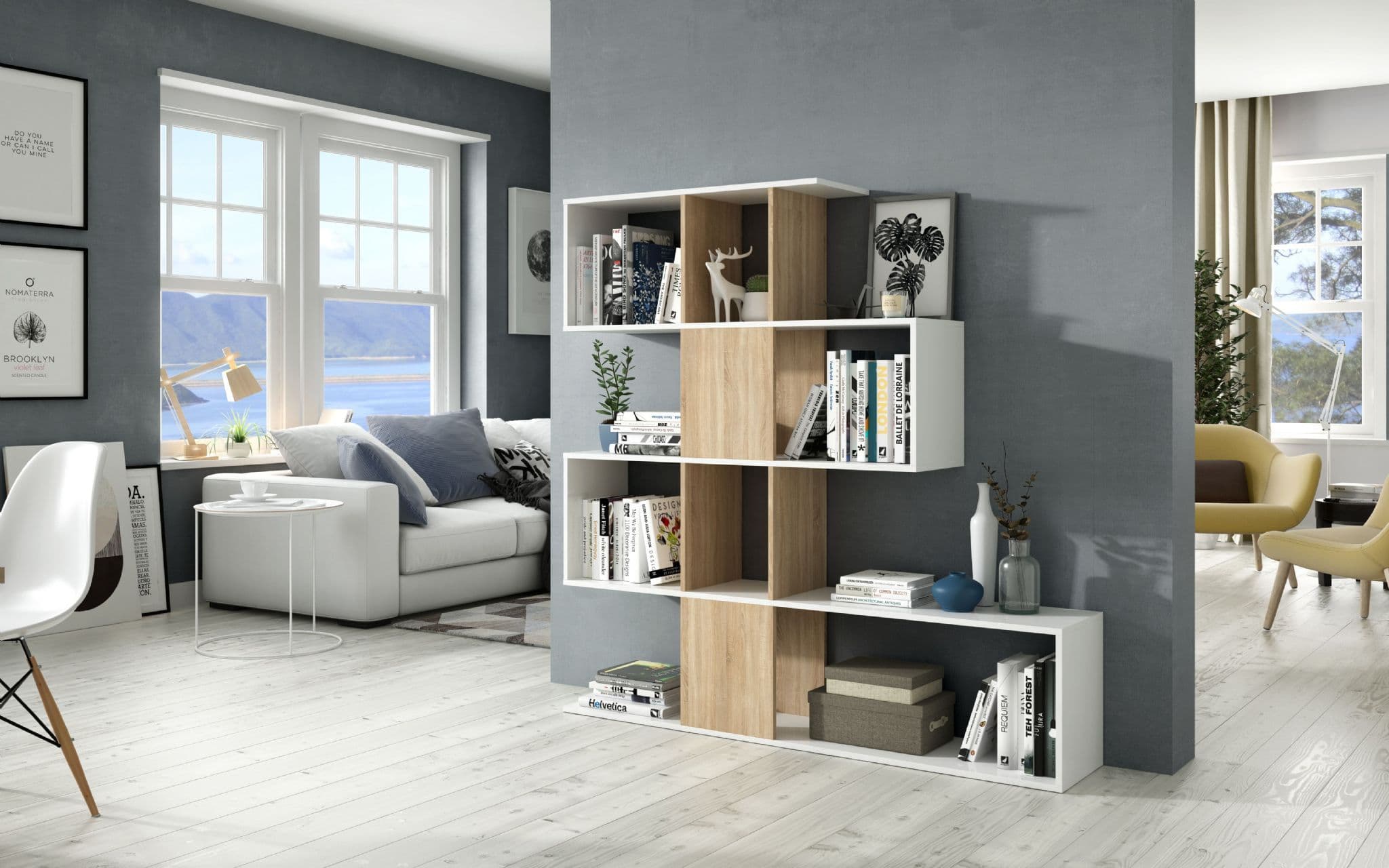 Zaga White And Oak Effect Gloss Bookcase - 2896
